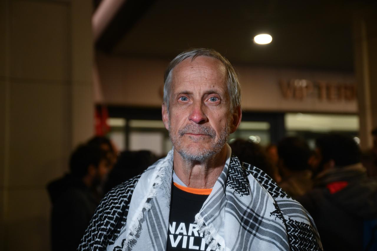 American John Francis Reuwer, a retired emergency room physician and one of the activists on the Global Sumud Flotilla, speaks upon their arrival in Istanbul, Türkiye, May 1, 2026. (AA Photo)
