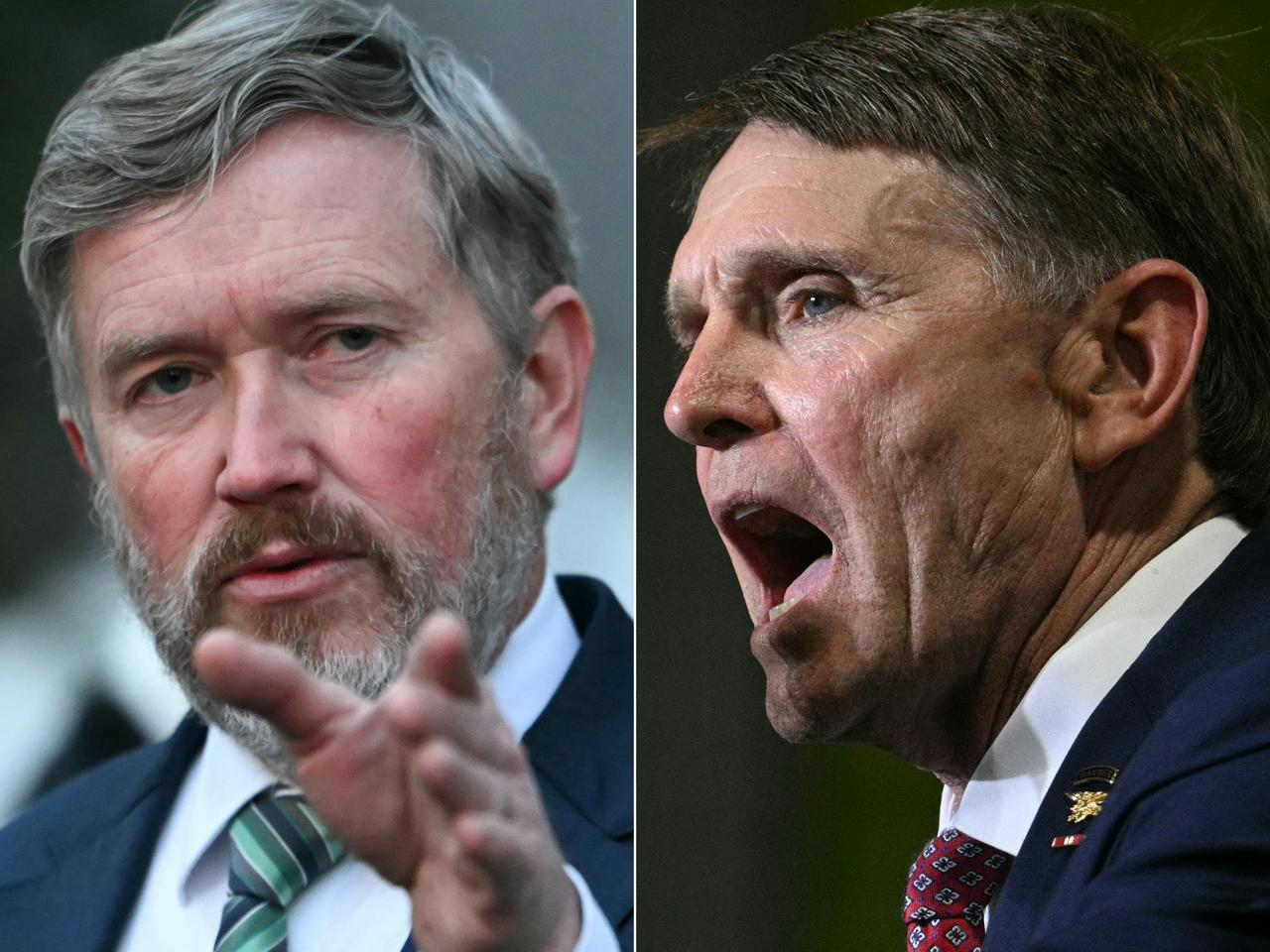 This combination of pictures created on May 19, 2026 shows (L/R) US Representatives Thomas Massie (L), Republican from Kentucky, in Washington, DC, on February 9, 2026 and former US Navy SEALs officer Ed Gallrein in Hebron, Kentucky, on March 11, 2026. (AFP Photo)