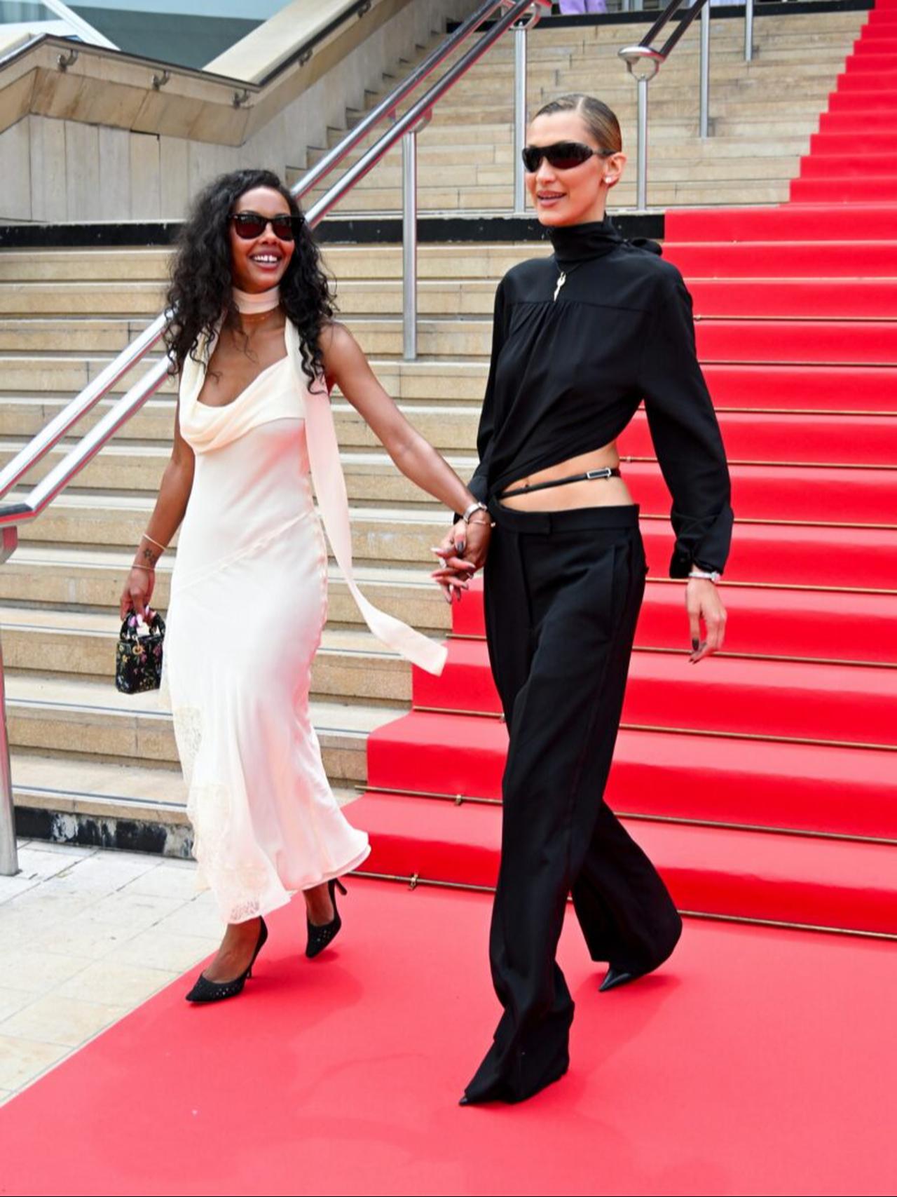 Bella Hadid arrives with Fanny Bourdette-Donon at a Cannes Film Festival, France. (Photo via Just Jared)