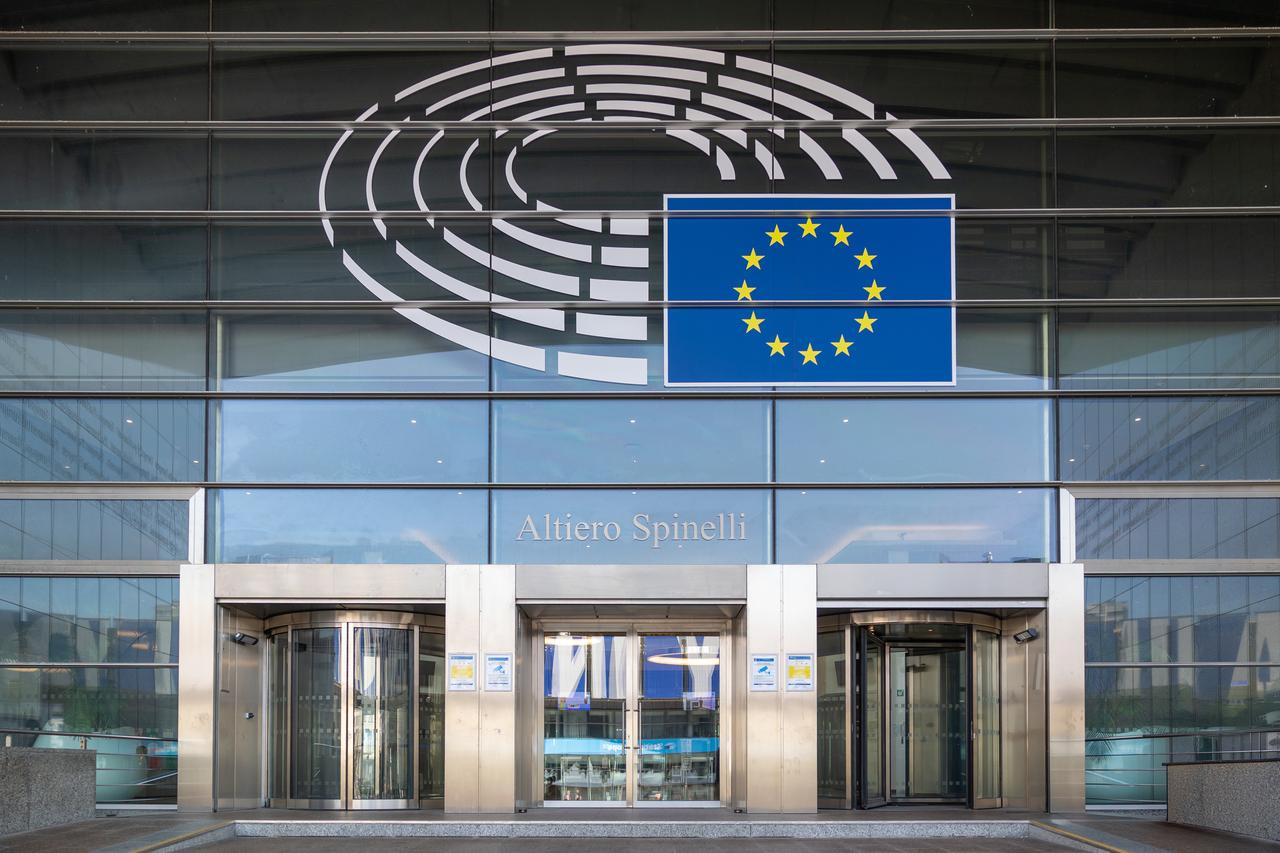 Exterior view of the European Parliament’s Altiero Spinelli building displaying the EU flag in Brussels, Belgium, March 8, 2026. (Adobe Stock Photo)