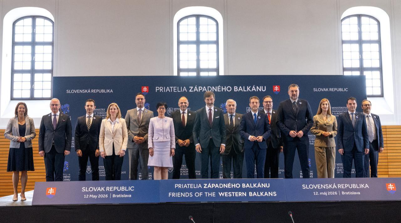 Foreign ministers and officials pose for a family photo during the Friends of the Western Balkans ministerial meeting at Bratislava Castle in Bratislava, Slovakia, on May 12, 2026. (AFP Photo)