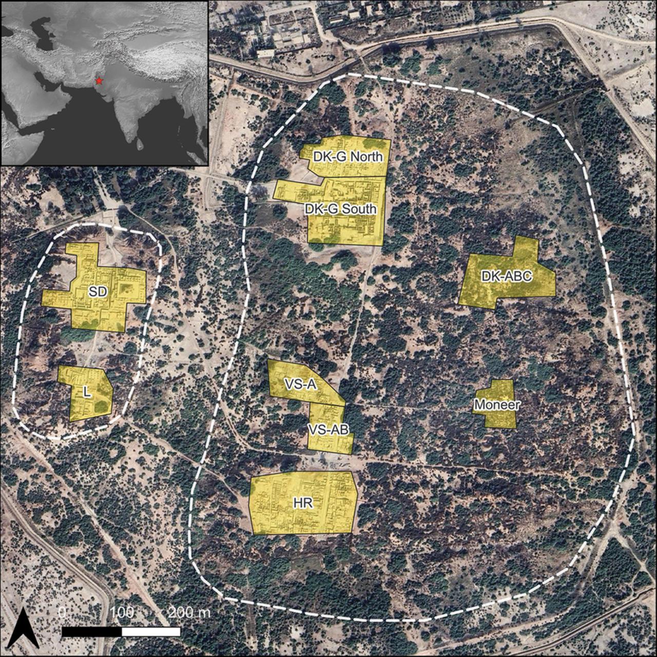 A site map of Mohenjo-daro highlights its main excavation areas, including DK-G South, DK-G North, HR, VS-A, VS-AB, SD, L, Moneer and DK-ABC. (Image via Adam S. Green et al./Antiquity)