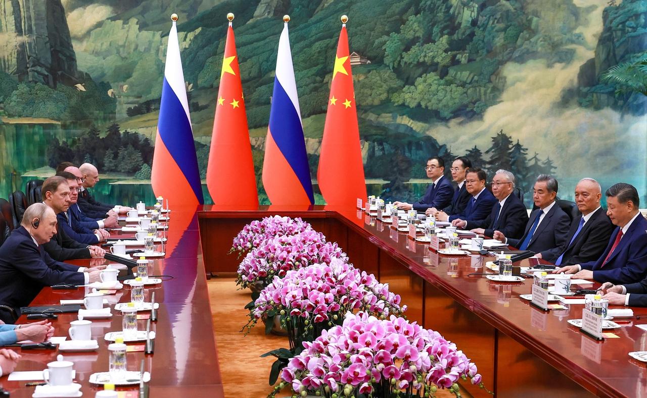 Russian President Vladimir Putin (L) holds talks with Chinese President Xi Jinping (R) at the Great Hall of the People in Beijing, China on May 20, 2026. (Kremlin Press Service Handout/AA Photo)