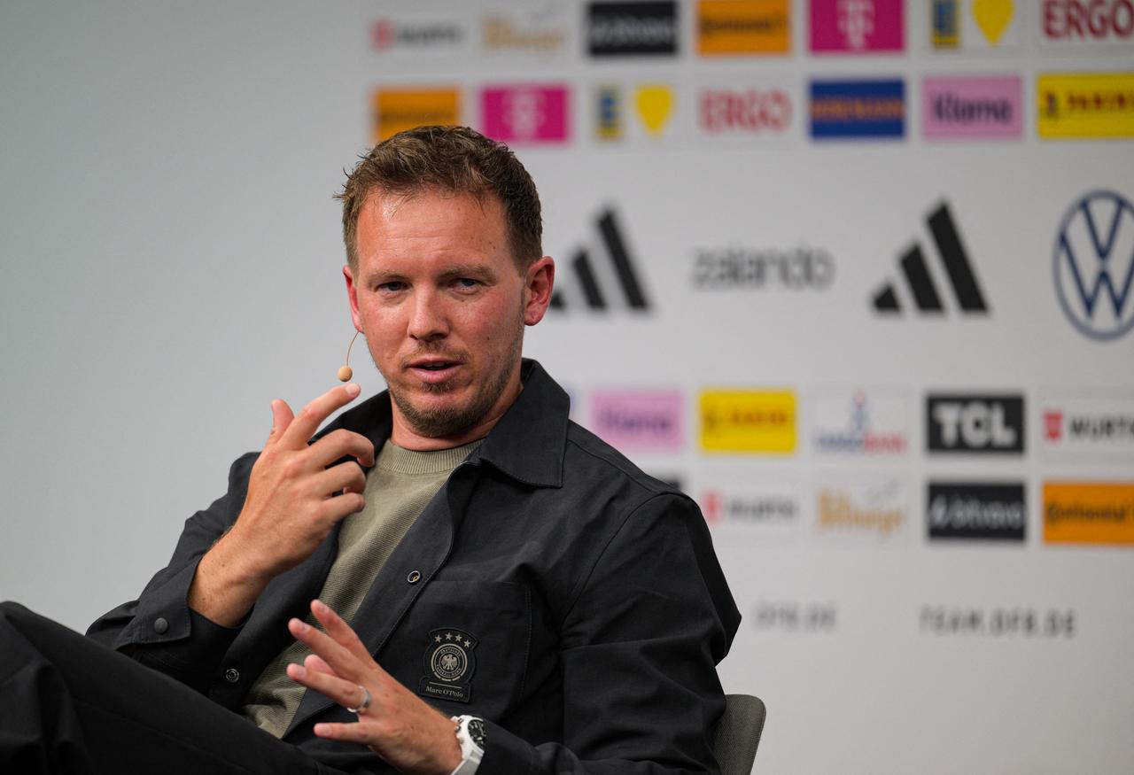 Germany's head coach Julian Nagelsmann addresses a press conference to announce the German squad for the 2026 World Cup, on May 21, 2026 in Frankfurt am Main, western Germany. (AFP Photo)