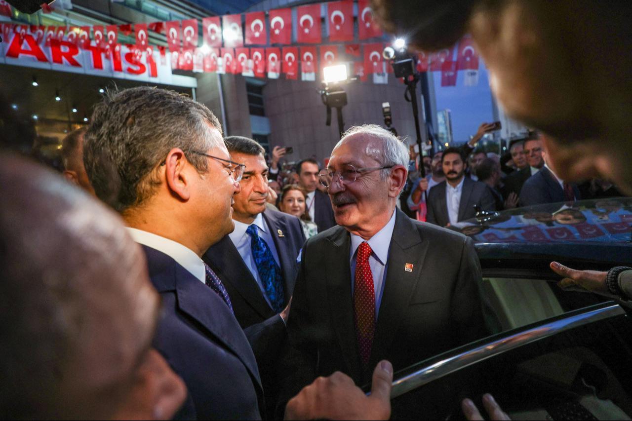 The former leader of CHP Kemal Kilicdaroglu (R) leaves after handing over his position to newly elected Republican Peoples Party (CHP) chairman Ozgur Ozel (L) folowing formal handover ceremony at CHP Headquarters in Ankara, Türkiye on November 08, 2023. (Republican Peoples Party / Hanout - Anadolu Agency)