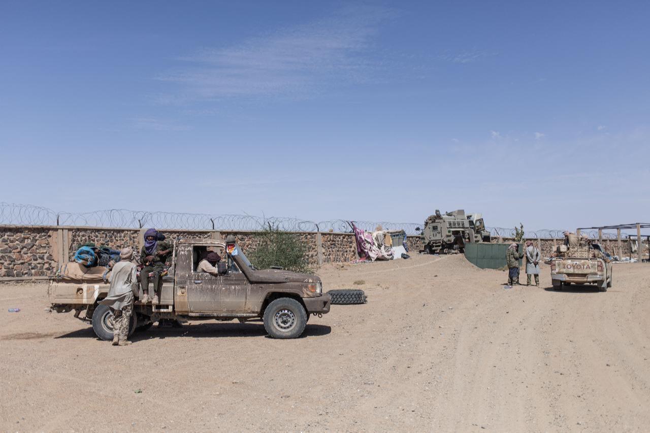 Armed members of the National Movement for the Liberation of Azawad (FLA) are seen on pick-up trucks the Battle d'Amachach camp, following the withdrawal of African Corps four days earlier, in Tessalit, Mali, May 6, 2026. (AFP Photo)