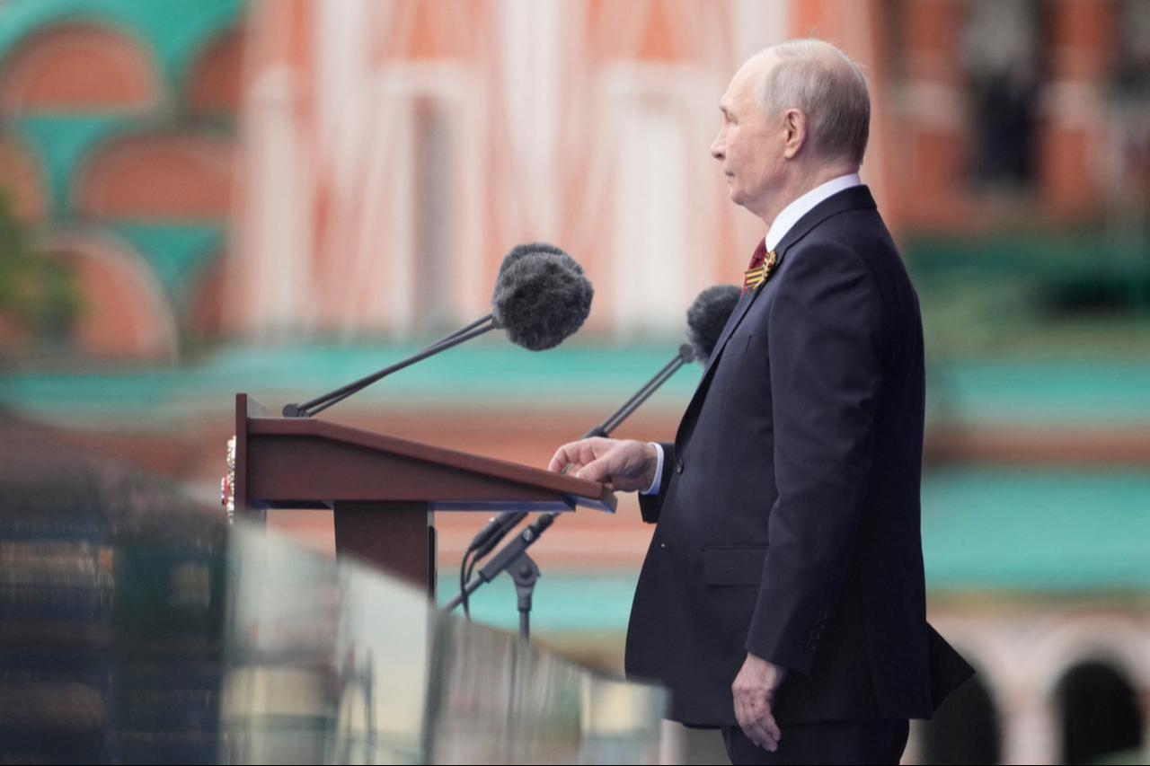 Russian President Vladimir Putin gives a speech during the Victory Day military parade at Red Square in central Moscow on May 9, 2026. (POOL / AFP Photo)