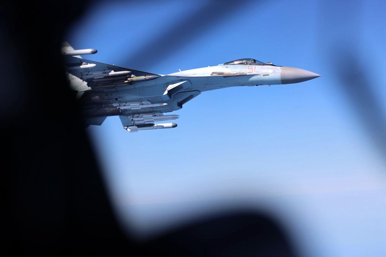 The photo shows a Russian Su-35S fighter jet (RF-81718) during an interception mission over Black Sea in May, 2026. (Photo via X/@JohnHealey_MP)
