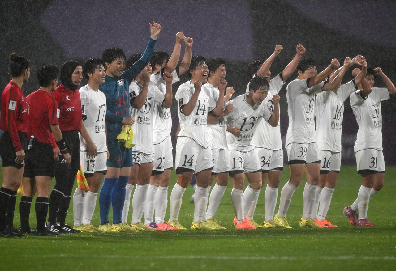Naegohyang Women's FC players celebrate their victory after the AFC Women's Champions League semi-final football match against South Korea's Suwon FC Women in Suwon, South Korea, on May 20, 2026. (AFP Photo)