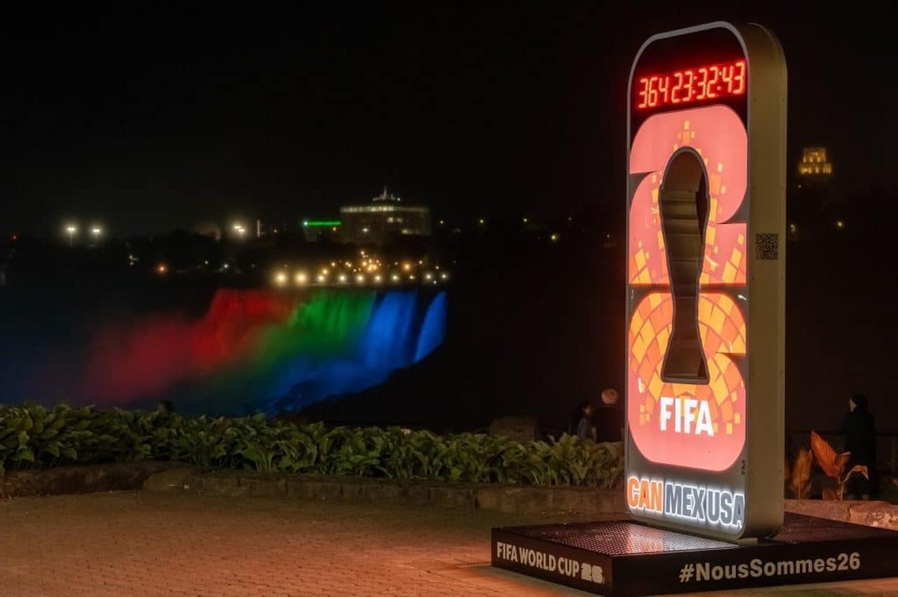 This is a 2026 FIFA World Cup countdown clock located at Niagara Falls, Canada.