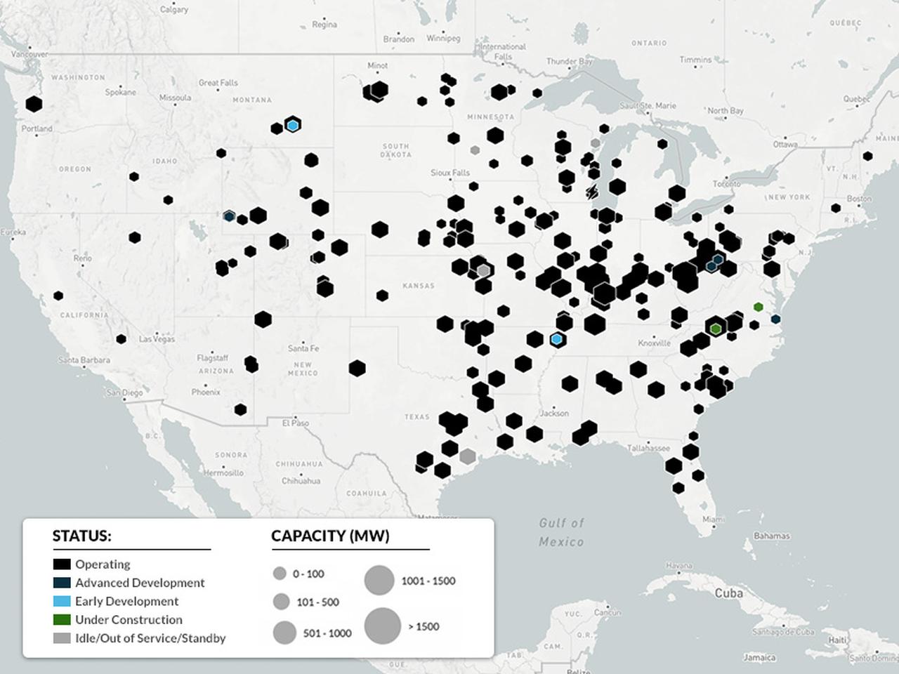 Map detailing the operational status and megawatt capacity of the U.S. coal-fired power generation fleet, 2025 (Infographic via YES Energy)
