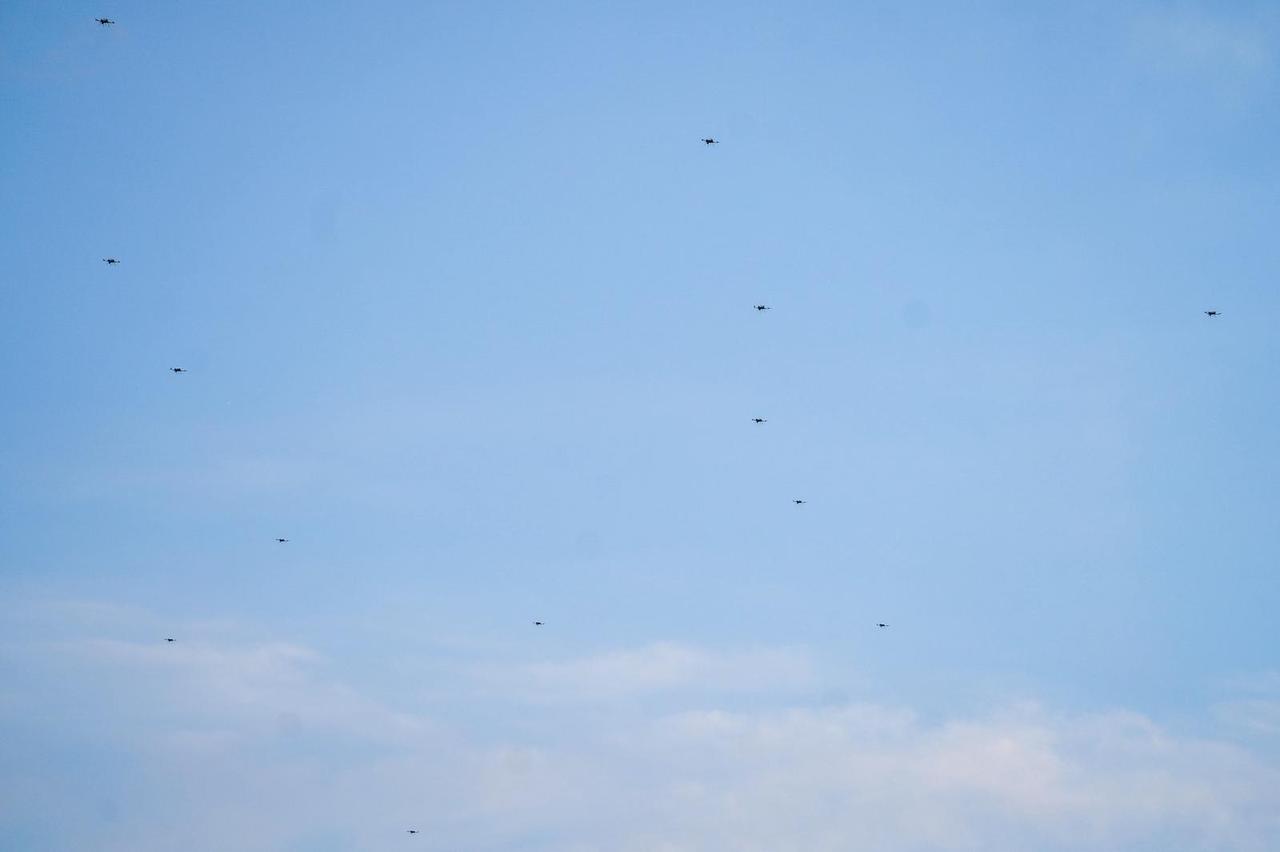 The photo shows a swarm of STM's Kargu rotary wing loitering munition system during a military exercise scenario at EFES-2026 on May 20, 2026. (Photo via STM/Handout)