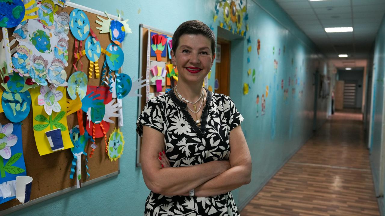 School Principal Oksana Proskura is seen as Ukrainian students at Kyiv No. 1 High School of Eastern Languages learn Turkish language in the shadow of the war in Ukraine, May 21, 2026. (AA Photo)