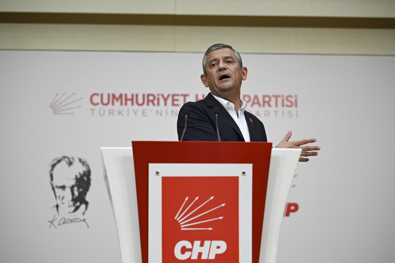 Suspended Republican People's Party (CHP) Chairman Ozgur Ozel holds a press conference at the CHP headquarters after being temporarily removed from his position in Ankara, May 21, 2026. (AA Photo)