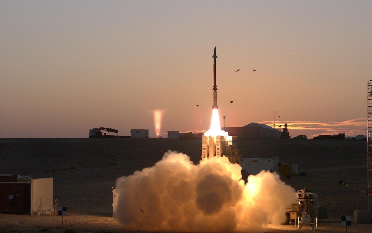 The photo shows a series of tests of the David's Sling Weapon System. (Photo via Israel Missile Defense Organization)