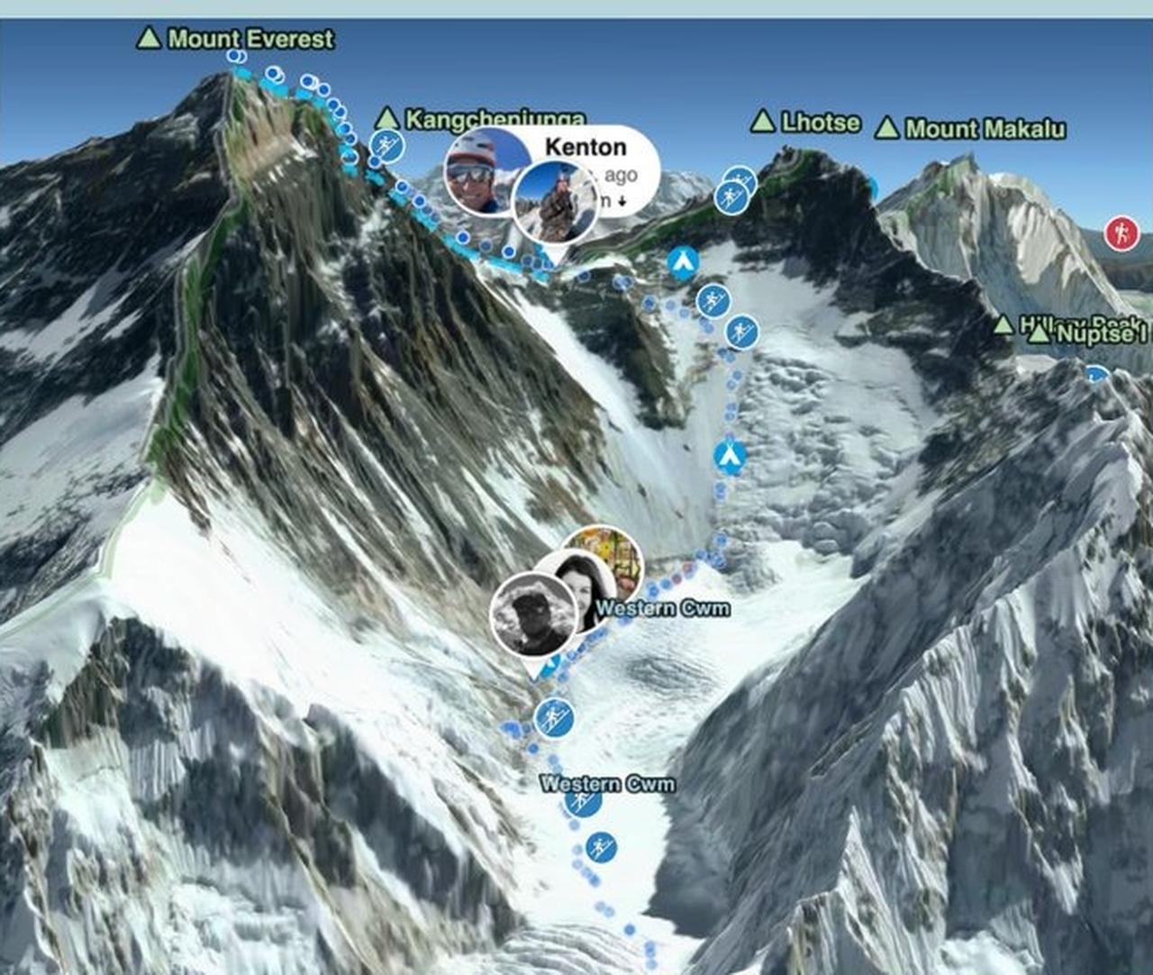 3D topographic map detailing Kenton Cool's successful ascent route and current location at Camp IV. (Photo via X/@EverestToday)