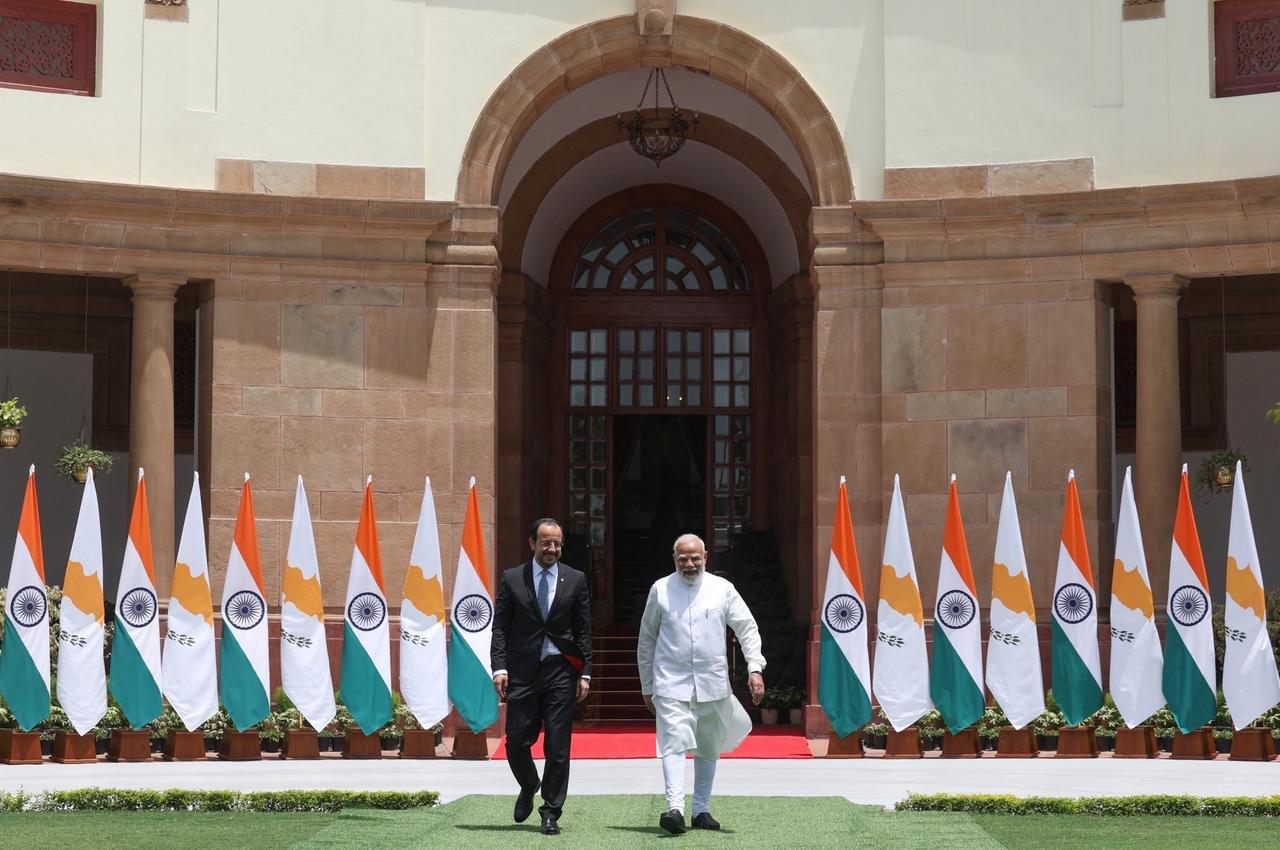 Greek Cypriot leader Nikos Christodoulides (L) and Indian Prime Minister Narendra Modi during their meeting in Delhi, May 22, 2026. (Photo via X/@narendramodi)