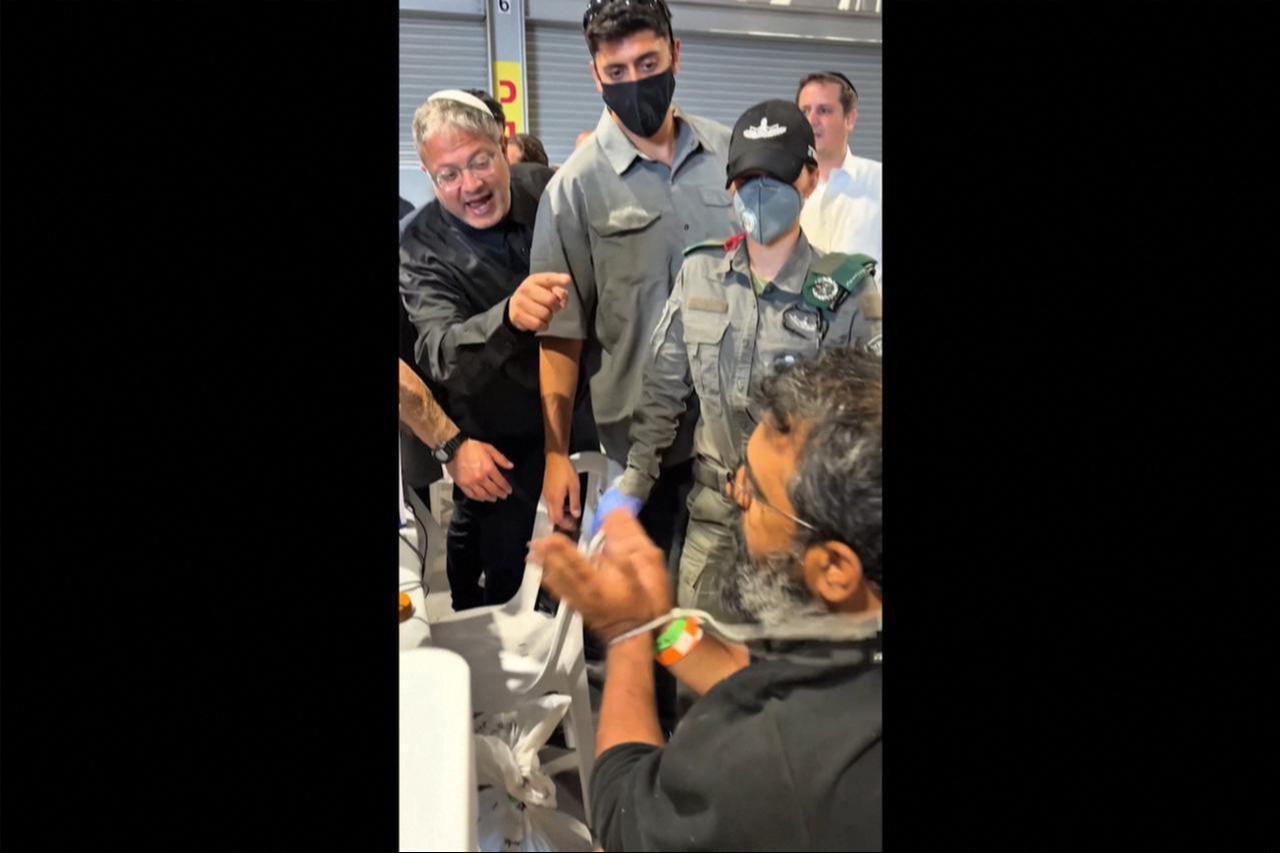 This screen grab taken from footage released on Israeli National Security Minister Itamar Ben Gvir’s X account on May 20, 2026 shows the far-right minister shouting at a bound activist. (AFP Photo)