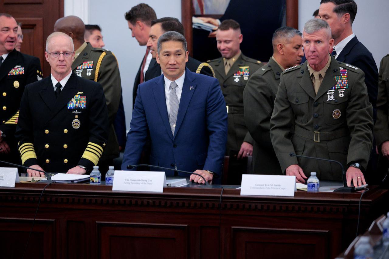 (L-R) Chief of Naval Operations Admiral Daryl Caudle, Acting Secretary of the Navy Hung Cao and Commandant of the Marine Corps General Eric Smith prepare to testify before the House Appropriations Subcommittee on Defense about the Navy's FY2027 budget at the U.S. Capitol on May 12, 2026 in Washington, DC. (AFP Photo)