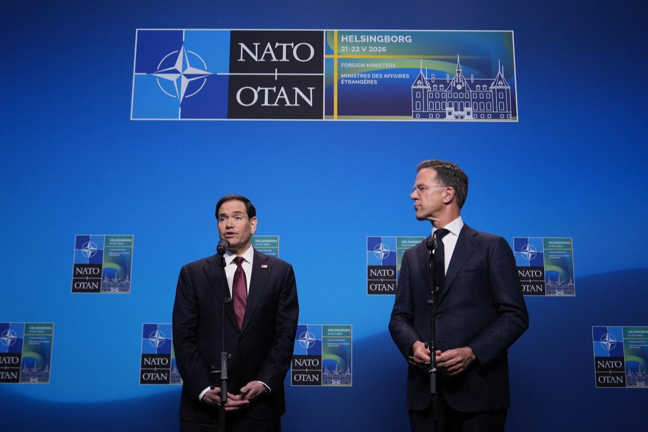 NATO Secretary General Mark Rutte (R) and US Secretary of State Marco Rubio give remarks at the NATO Foreign Ministers' meeting in Helsingborg, Sweden, on May 22, 2026. (AFP Photo)
