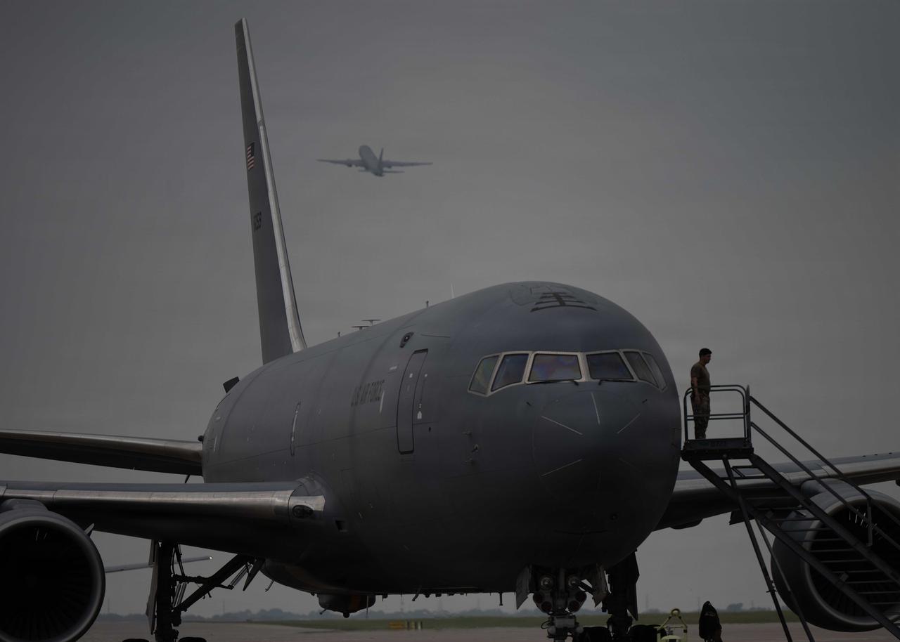 Team McConnell relocates its fleet of KC-135 Stratotankers and KC-46A Pegasus' ahead of potential severe weather at McConnell Air Force Base, Kansas, May 18, 2026. (Photo via U.S. Air Force)