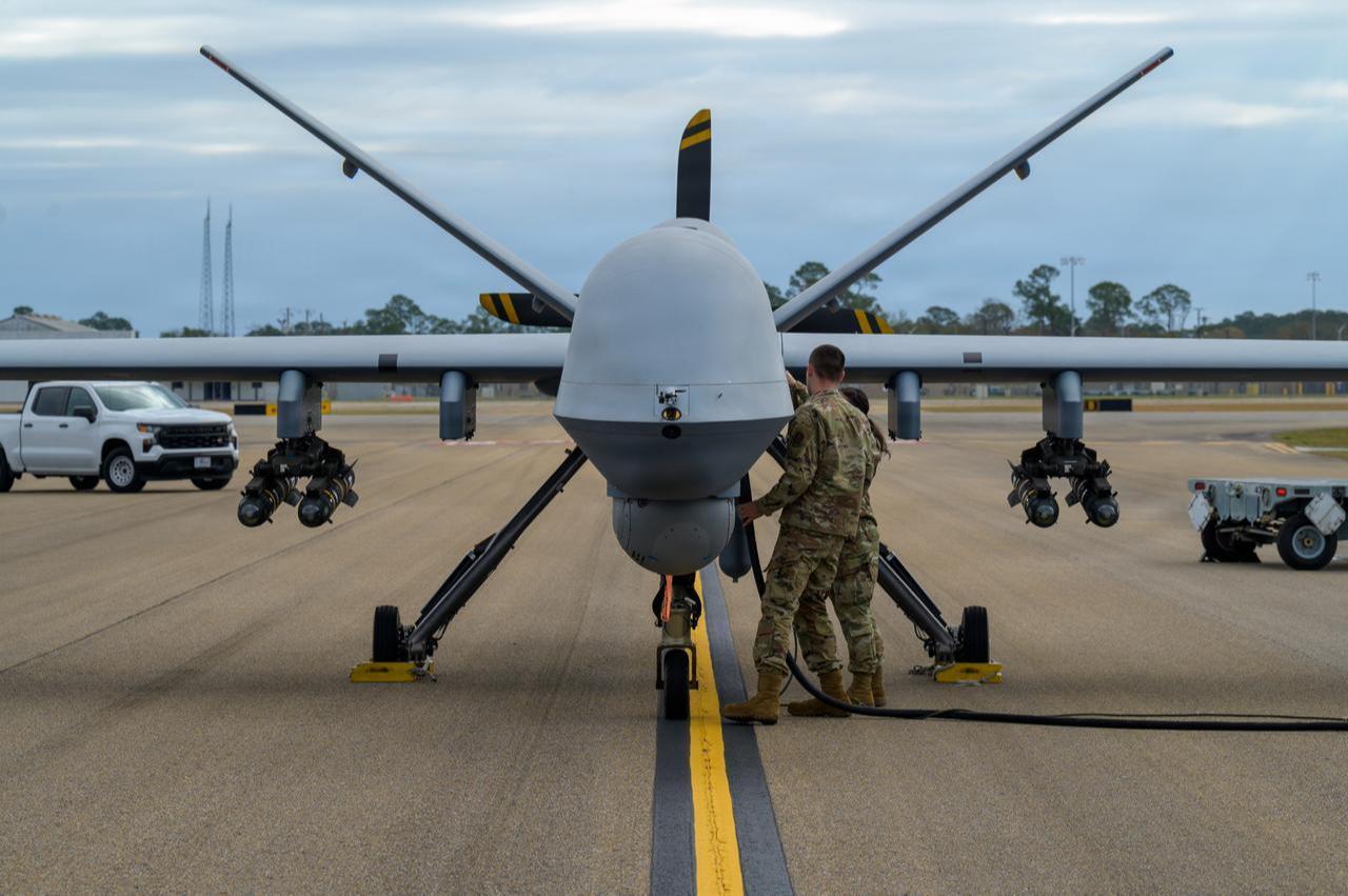 U.S. Air Force Airmen conduct pre-flight operations on an MQ-9 Reaper aircraft during exercise Sentry South 26-2 in Gulfport, Mississippi, March 3, 2026. (Photo via U.S. Air National Guard)