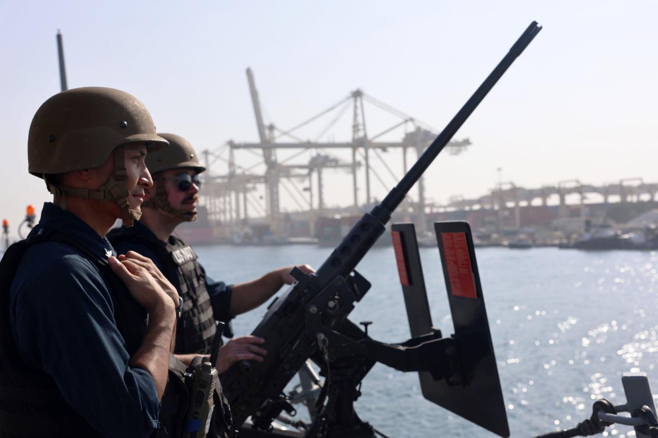 U.S. Navy Fire Controlman assigned to the Arleigh Burke-class guided-missile destroyer USS Roosevelt (DDG 80), stands small craft action team lookout watch during a sea-and-anchor evolution in the Arabian Sea, Dec. 10, 2025. (U.S. Navy)