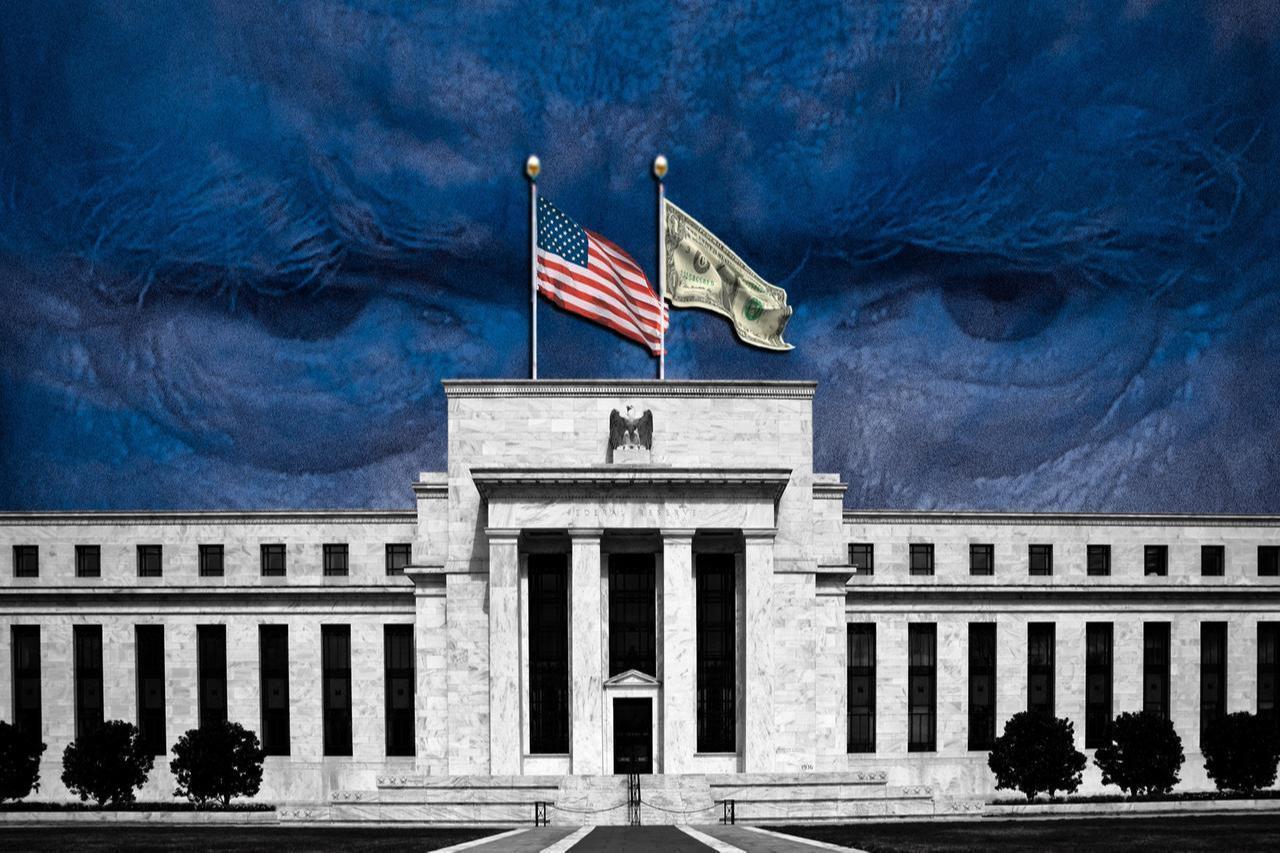 The image shows a conceptual collage featuring the Marriner S. Eccles Federal Reserve Board Building in Washington, D.C., with Donald Trump's oversized eyes looming in the blue background behind an American flag and a flag made of a U.S. dollar bill. (Collage by Mehmet Akbas/Türkiye Today)