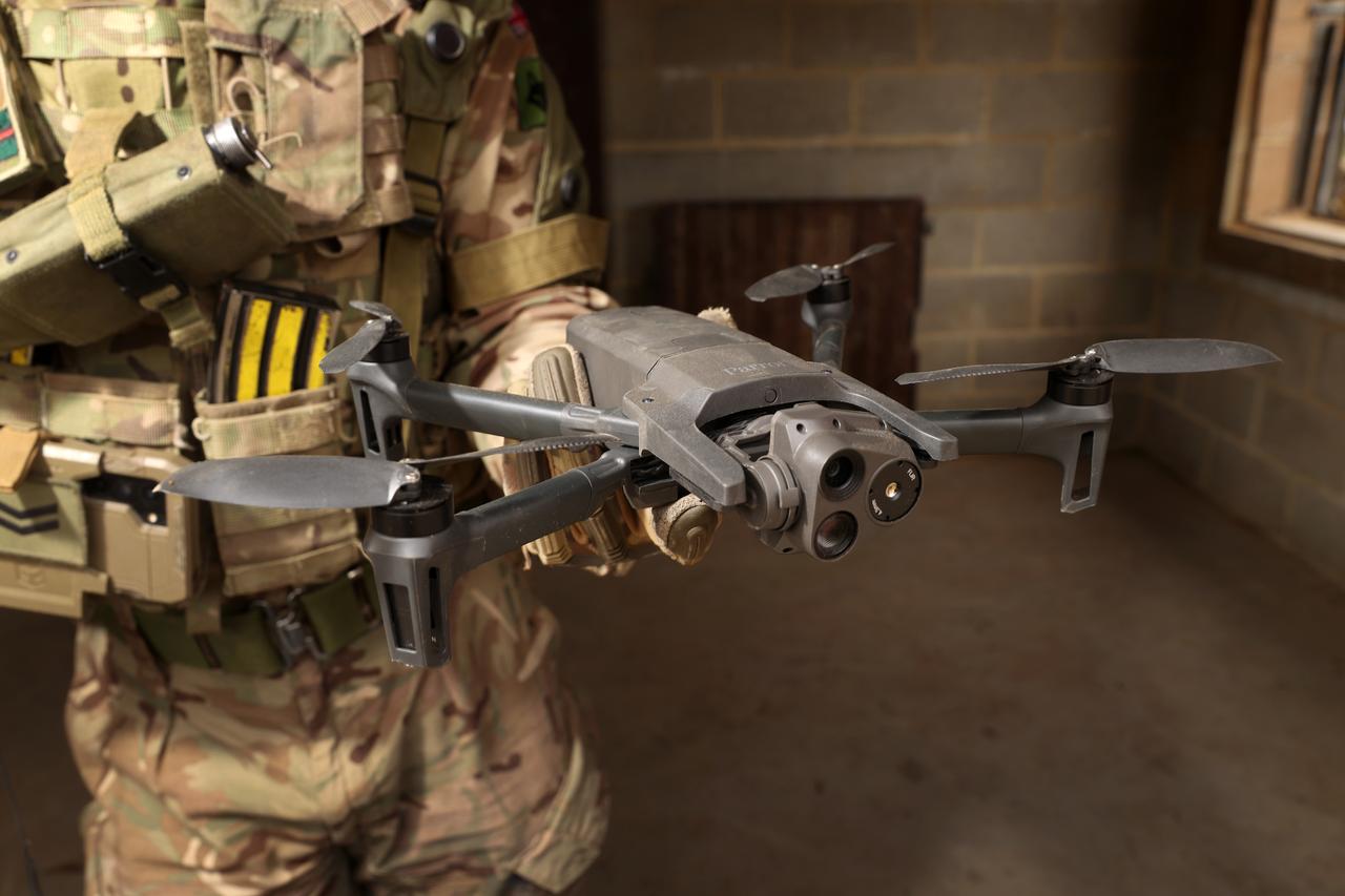 Parrott Anafi drone being used by 2 Yorks conducting urban defense in Copehill Down with their drones, UGVs, and ultra-light 4x4 mobility vehicles. (UK MOD © Crown copyright 2025)