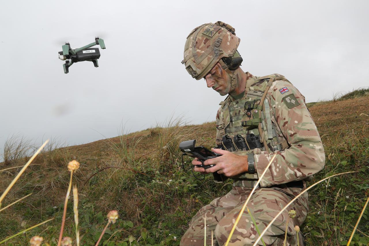 A 5 Rifles Drone Operator during a pre-deployment exercise in the Castlemartin training area. (UK MOD © Crown copyright 2026)