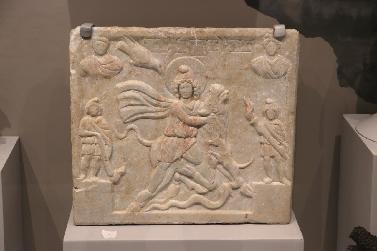 A marble Mithras relief, dated to the second century A.D., is displayed at Gaziantep Archaeology Museum, Gaziantep, Türkiye, May 22, 2026. (AA Photo)