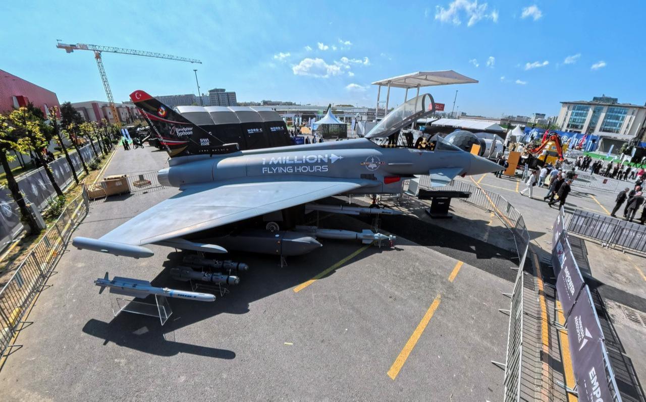 An aerial view of the Eurofighter Typhoon fighter jet during the 2026 International Defense and Aerospace Exhibition (SAHA 2026) in Istanbul, May 5, 2026. (IHA Photo)