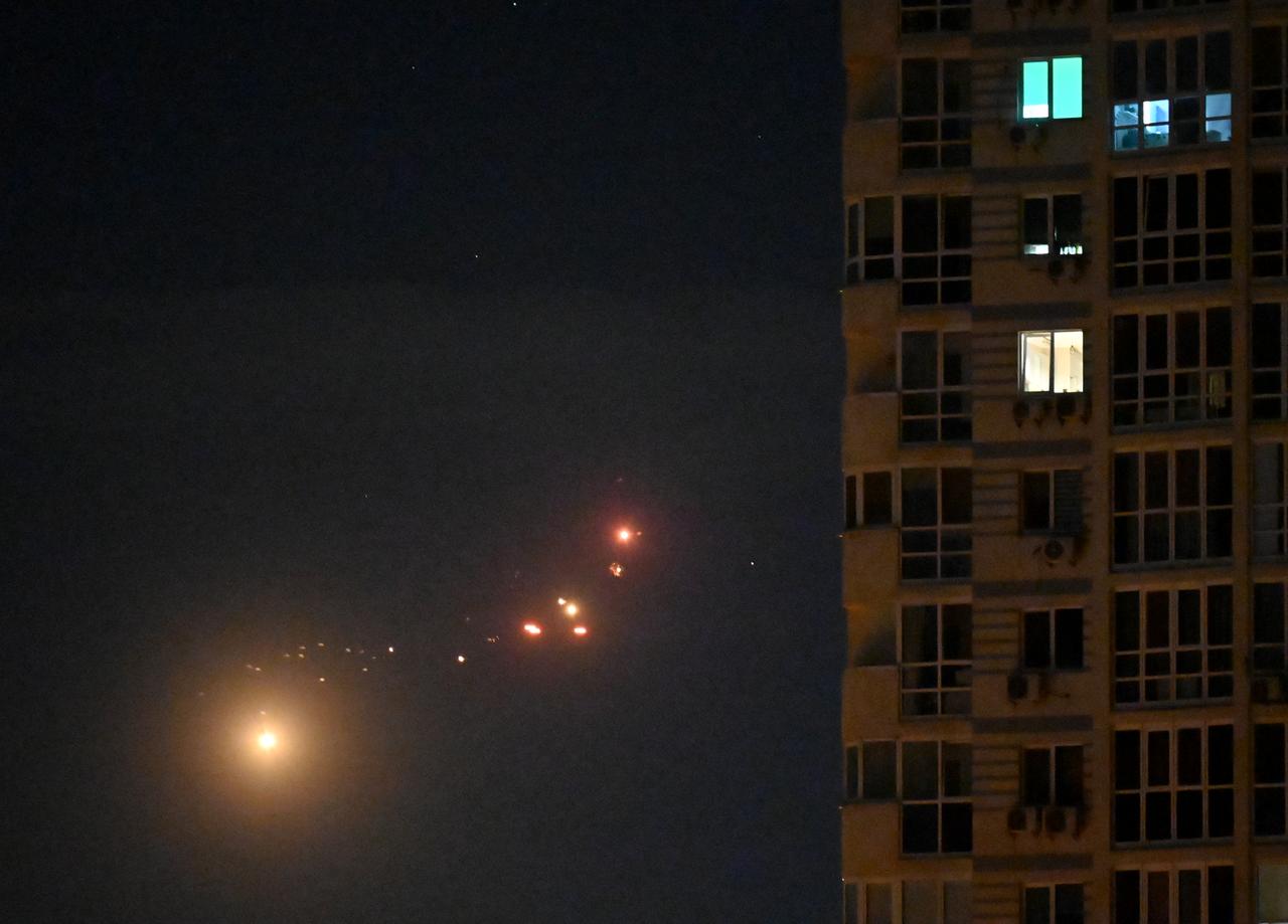 This photo shows Ukrainian air defense firing at Russian drones above Kyiv during a Russian drone and missile strike on the Ukrainian capital on May 24, 2026. (AFP Photo)