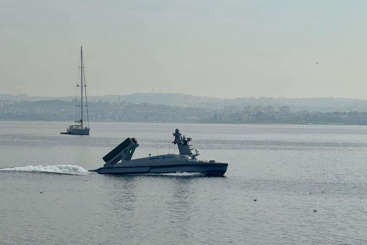 MARLIN, the first armed unmanned surface vehicle (USV) during a NATO operation with its new capability to detect mines floating on the sea surface. (AA Photo)