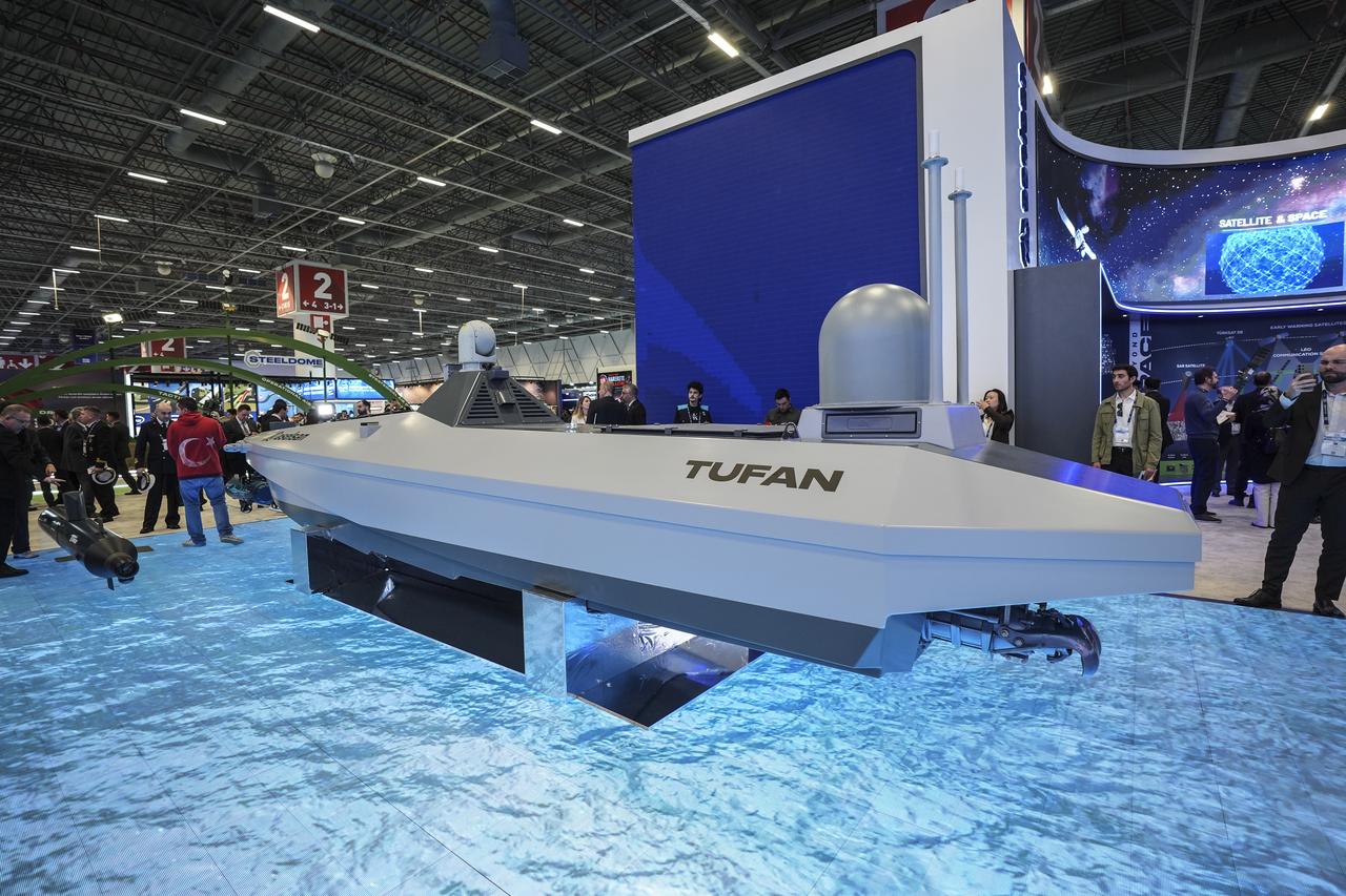 Turkish defense firm Aselsan's Tufan unmanned surface vehicle (USV) at the SAHA 2026 International Defense, Aerospace and Space Industry Fair in Istanbul, May 5, 2026. (AA Photo)