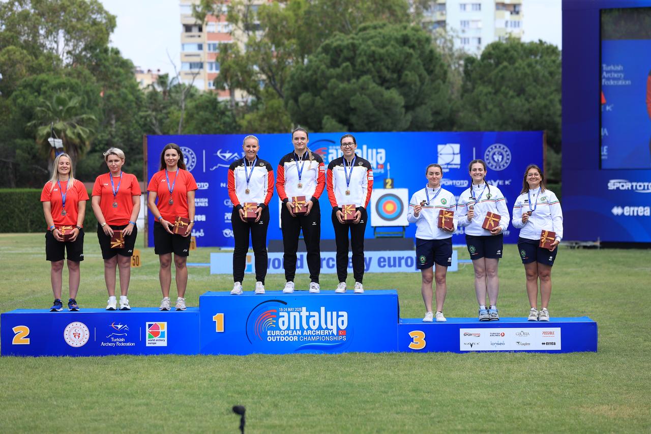 Women's recurve teams on the podium at the 2026 European Outdoor Archery Championships in Antalya, Türkiye, on May 23, 2026 (AA Photo)
