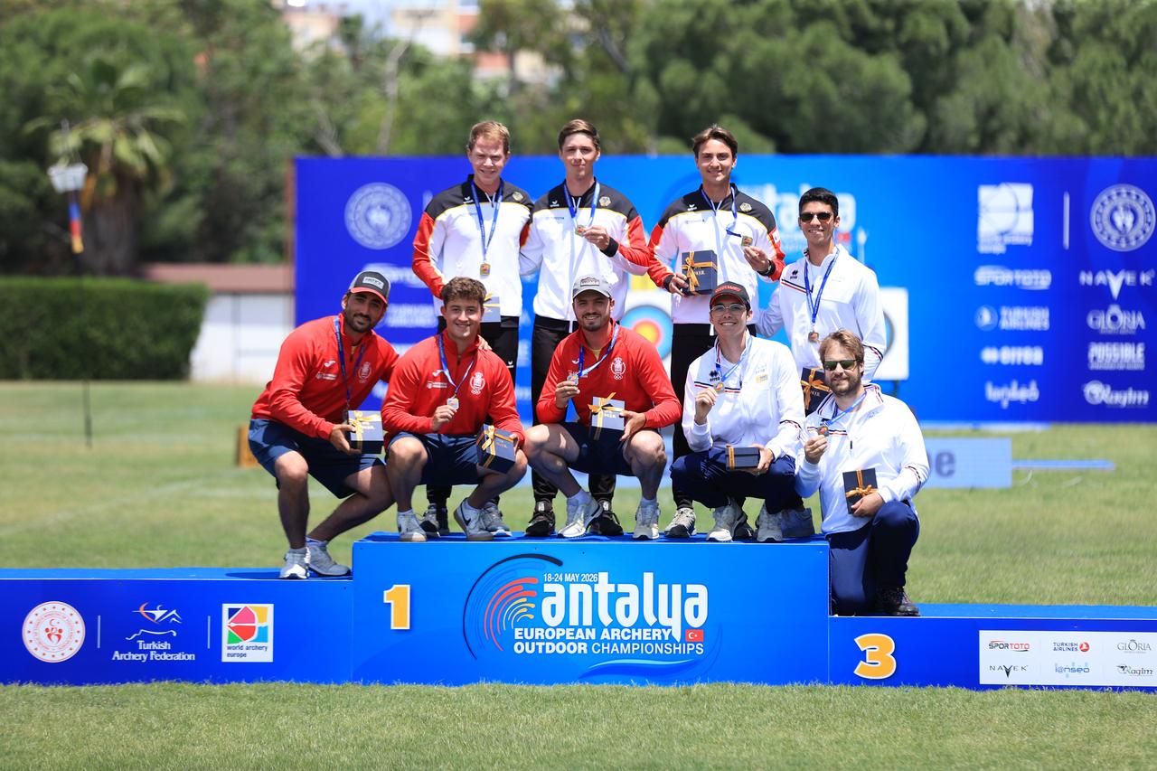 Men's recurve teams on the podium at the 2026 European Outdoor Archery Championships in Antalya, Türkiye, on May 23, 2026 (AA Photo)