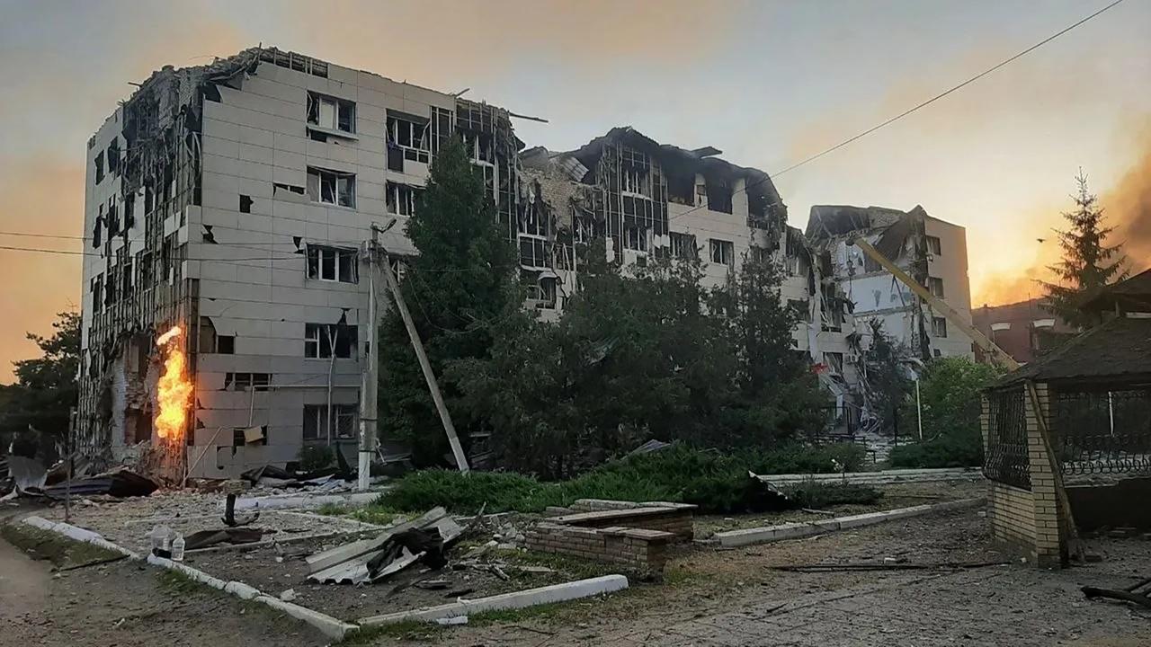 This handout picture released on May 22, 2026, the Moscow-installed head of the Luhansk region of Russian-controlled Ukraine, shows heavily damaged buildings of the Starobilsk professional college of the Luhansk Pedagogical University and its dormitory. (Photo by Handout/social media/AFP)
