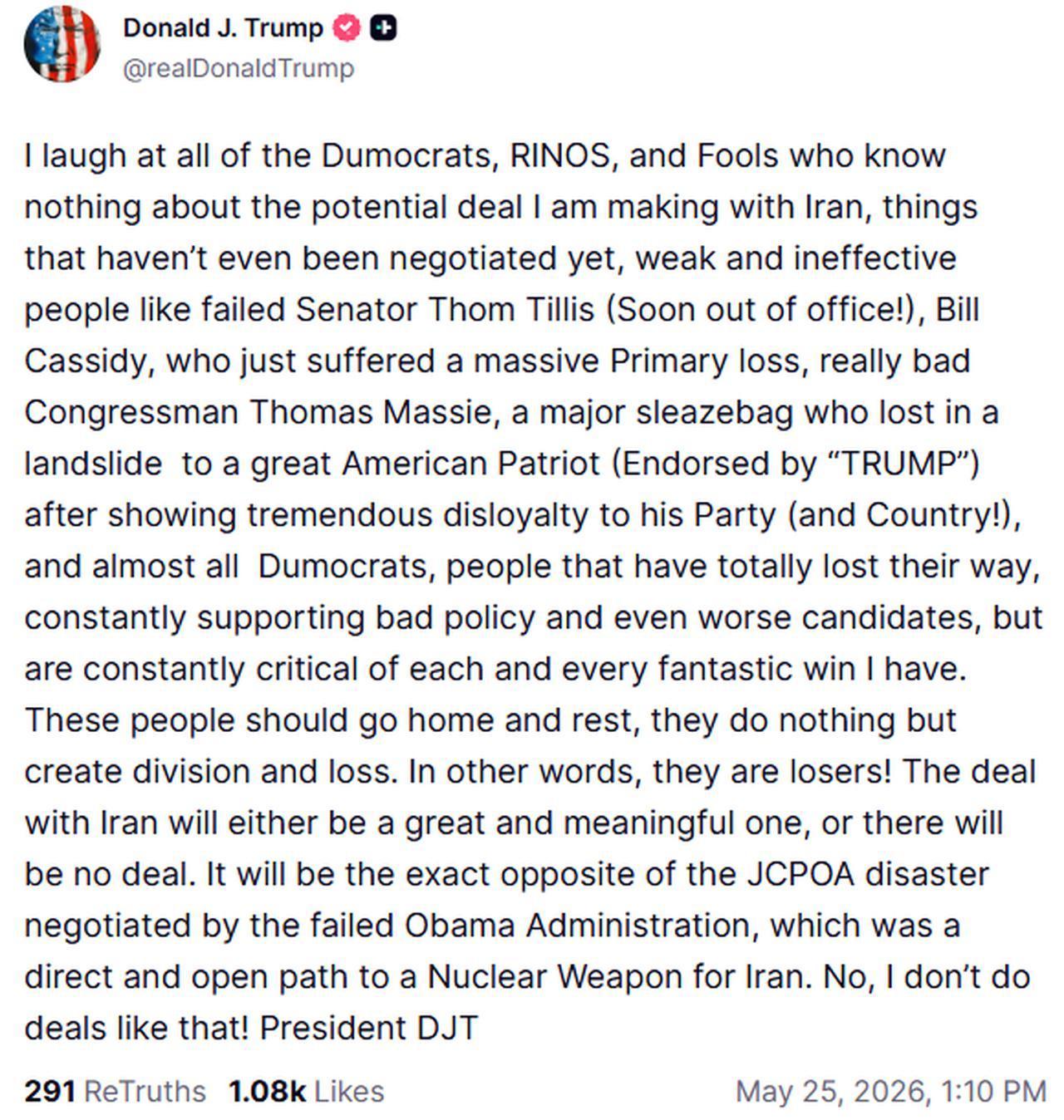 US President Donald Trump's post on Truth Social on May 25, 2026. (Photo via screengrab from Truth Social/@realDonaldTrump)