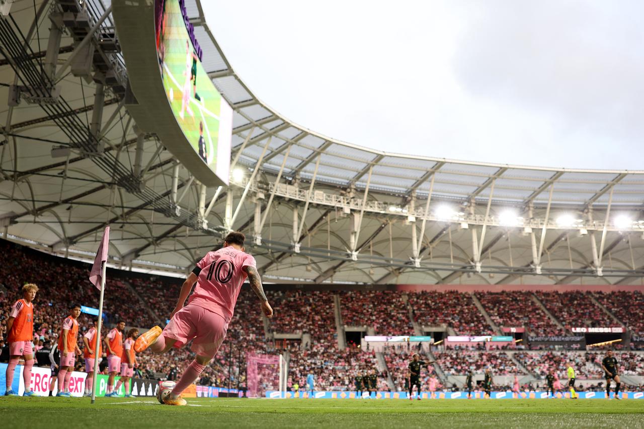 Lionel Messi taking a kick at Nu Stadium, May 17, 2026, Miami, Florida. (AFP/Photo)