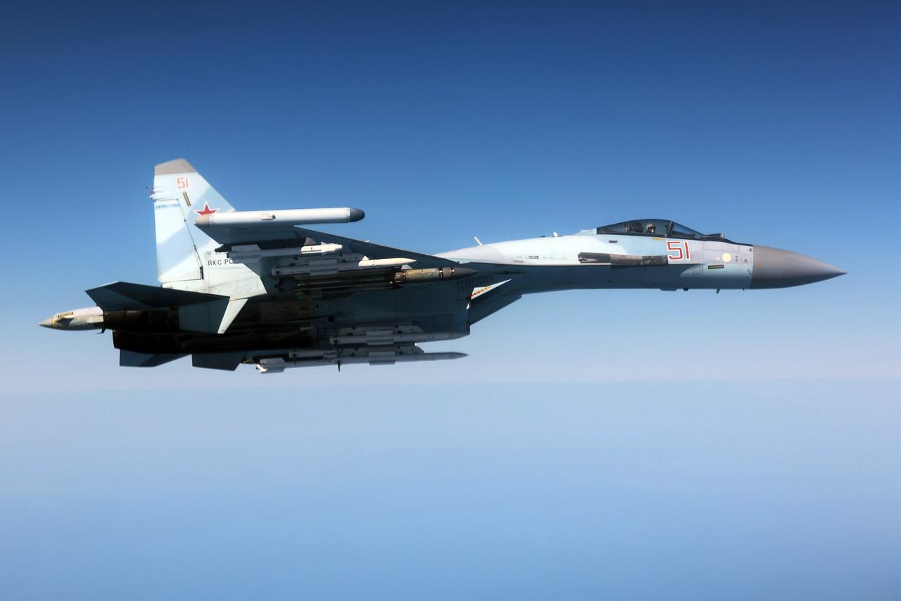 The photo shows a Russian Su-35S fighter jet (RF-81718) during an interception mission over Black Sea in May, 2026. (Photo via X/@JohnHealey_MP)