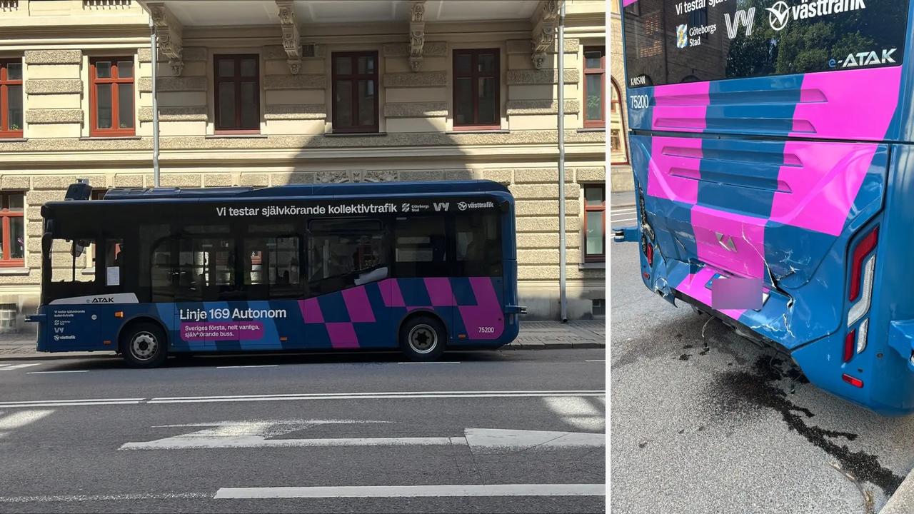 This photo combo shows the damaged self-driving bus that was involved in a crash with a tram Gothenburg, Sweden on May 25, 2026. (Photo by Elvira Jansson via sverigesradio.se)