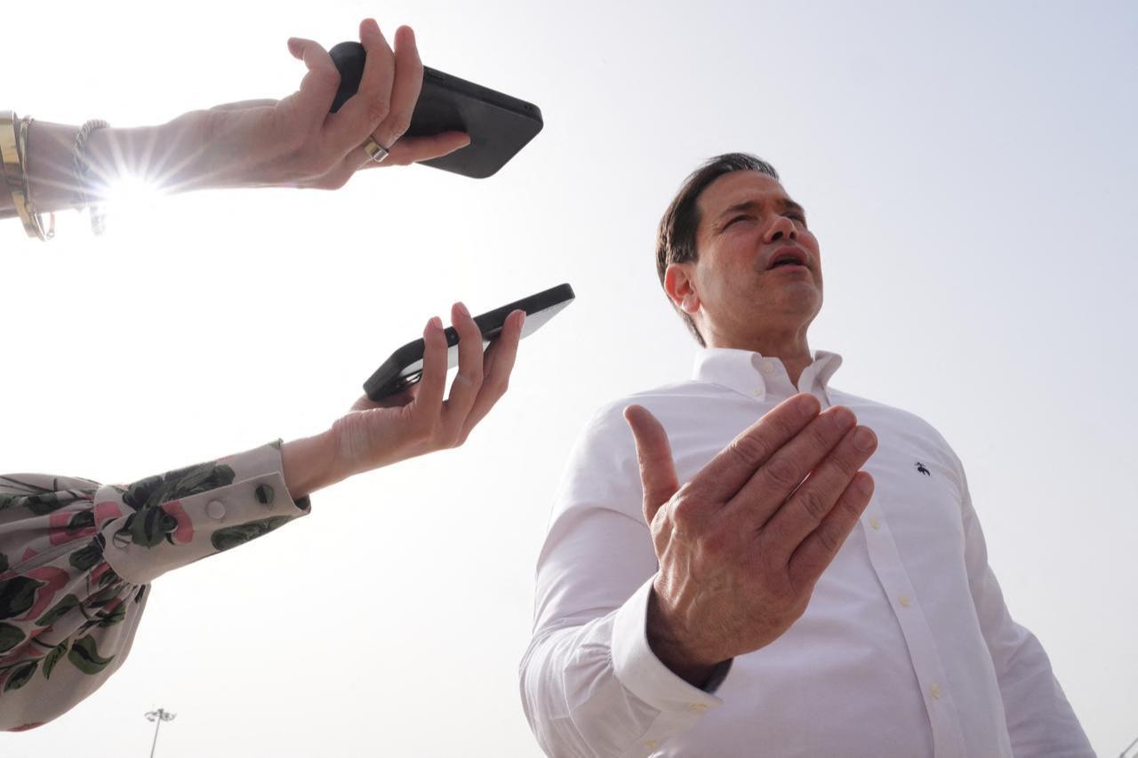 US Secretary of State Marco Rubio speaks to journalists before boarding his plane at Indira Gandhi International Airport in New Delhi on May 25, 2026. (AFP Photo)