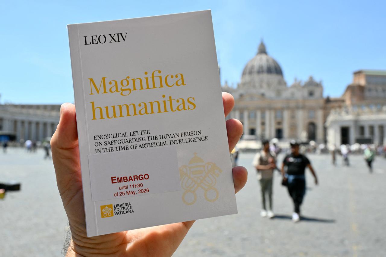 This illustration picture shows Pope Leo XIV Encyclical Letter “Magnifica Humanitas”, focused on the rise of artificial intelligence, in The Vatican, May 25, 2026. (AFP Photo)
