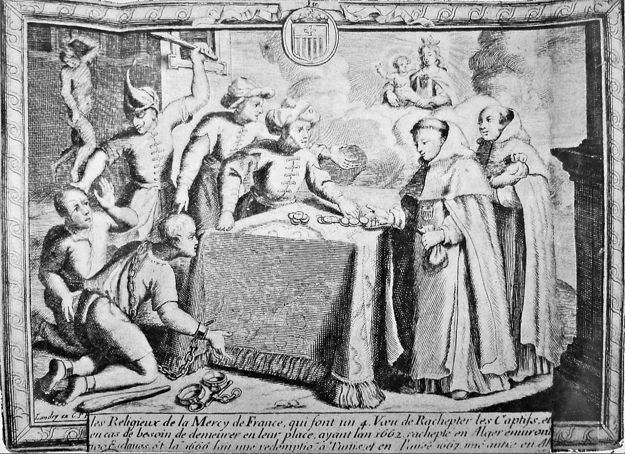 A 17th-century illustration shows French Mercedarian friars purchasing the freedom of Christian captives held in Algiers and Tunis. (Image via Wikimedia)