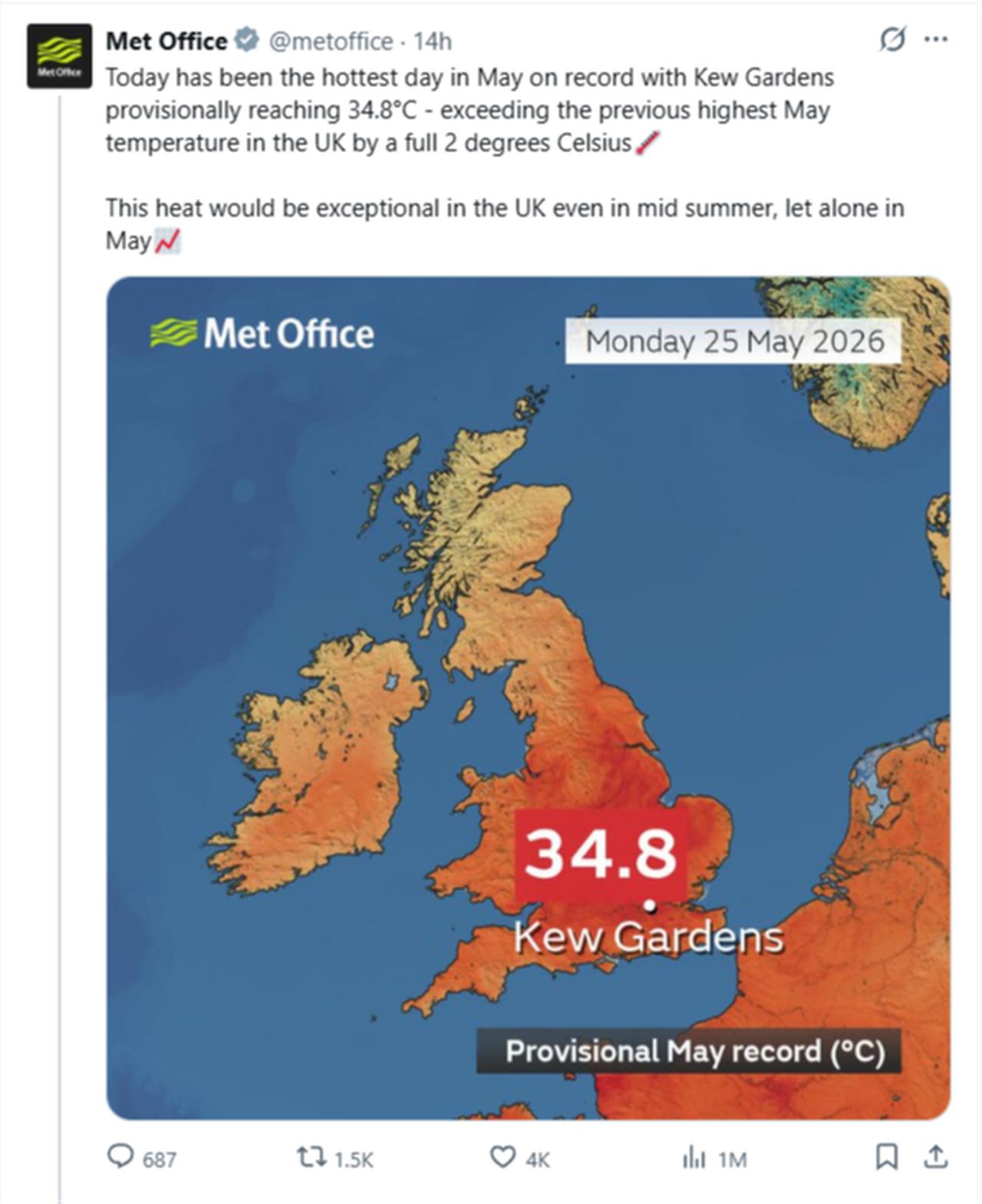 Map visualizes the historic 34.8°C record set on Monday, May 25, 2026. (Photo via X/@metoffice)
