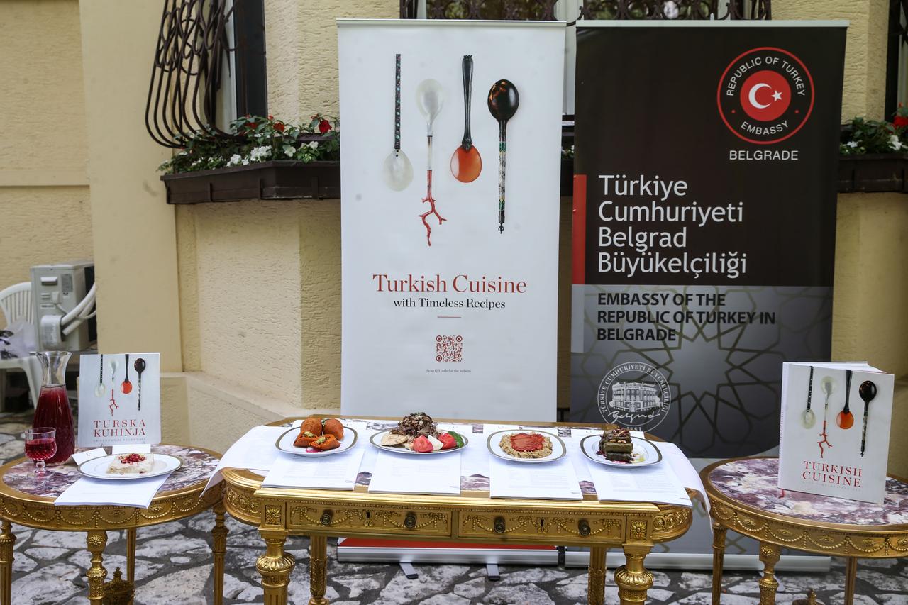 Traditional Turkish dishes are displayed during a Turkish Cuisine Week event in Belgrade, Serbia, May 24, 2026. (AA Photo)