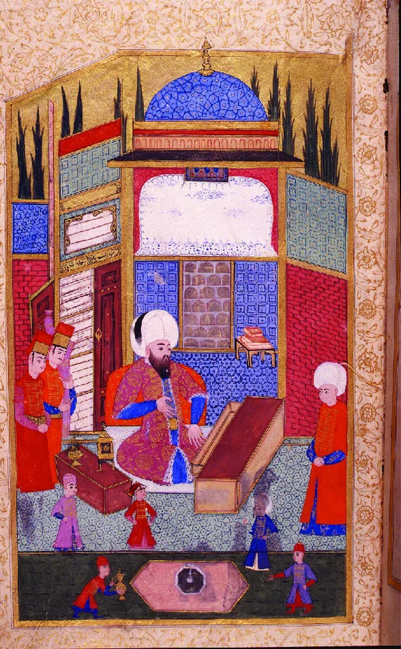 Suleiman the Magnificent in his library, from Talikizade’s Sehname, ca. 1596–1600. (Photo courtesy of Topkapi Palace Museum)