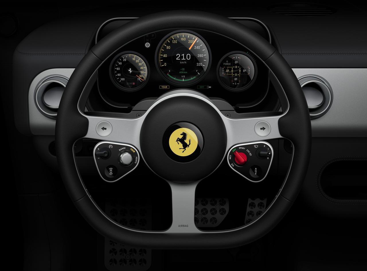 Cabin of the all-electric Ferrari Luce features a minimalist steering wheel and digital gauges. (Photo via Ferrari.com)