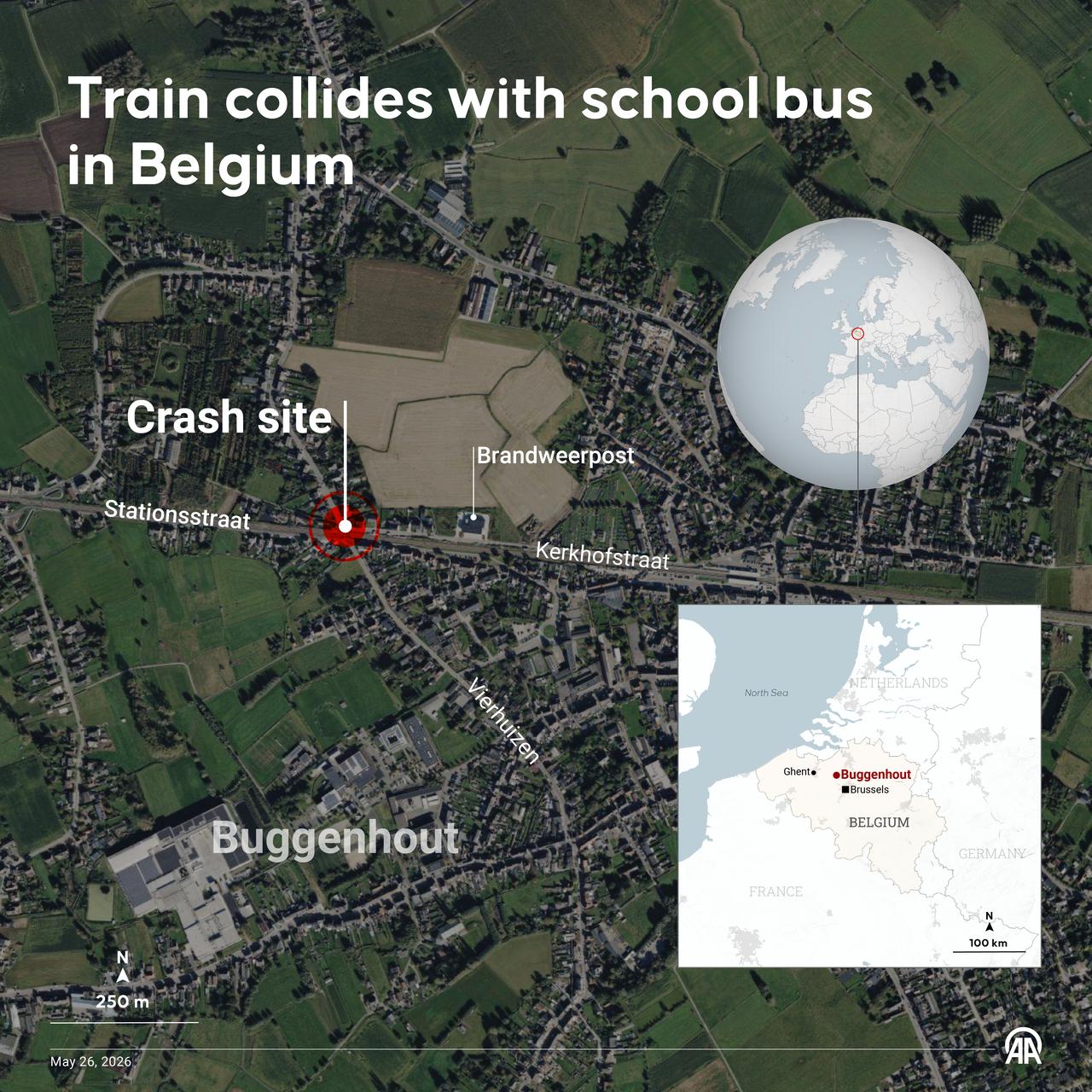An infographic titled "Train collides with school bus in Belgium" created in Ankara, Türkiye on May 26, 2026. (AA Graphics)